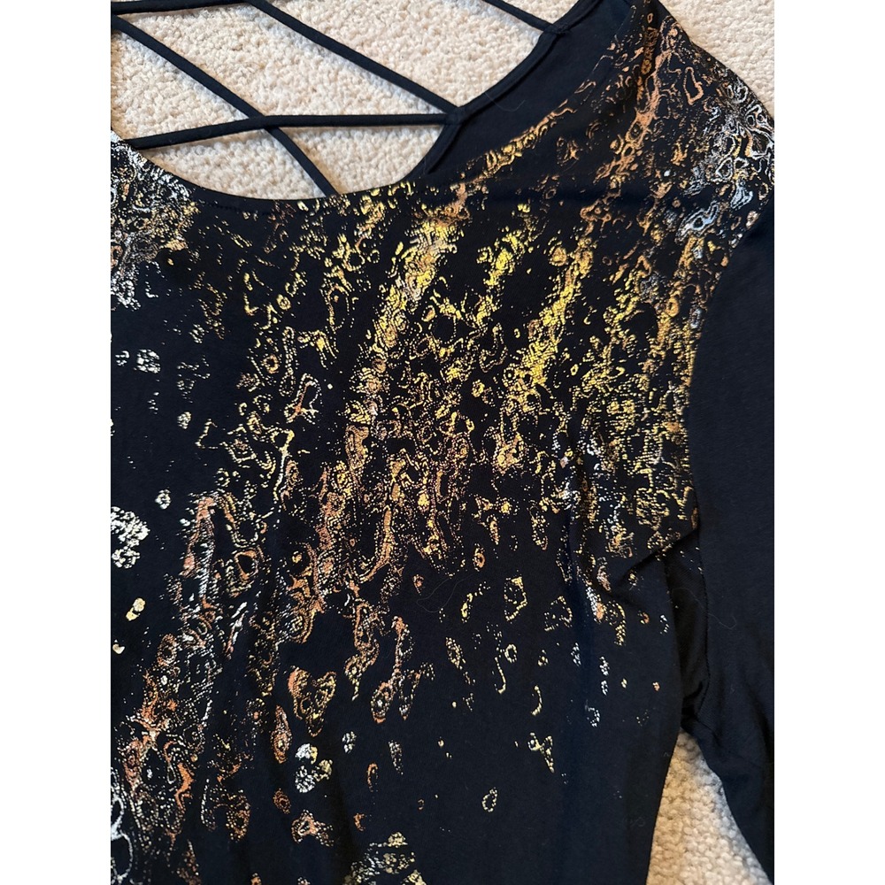 Rock & Republic Black Gold Leopard Print Long Sleeve Criss Cross Back Size XL - Picture 3 of 9